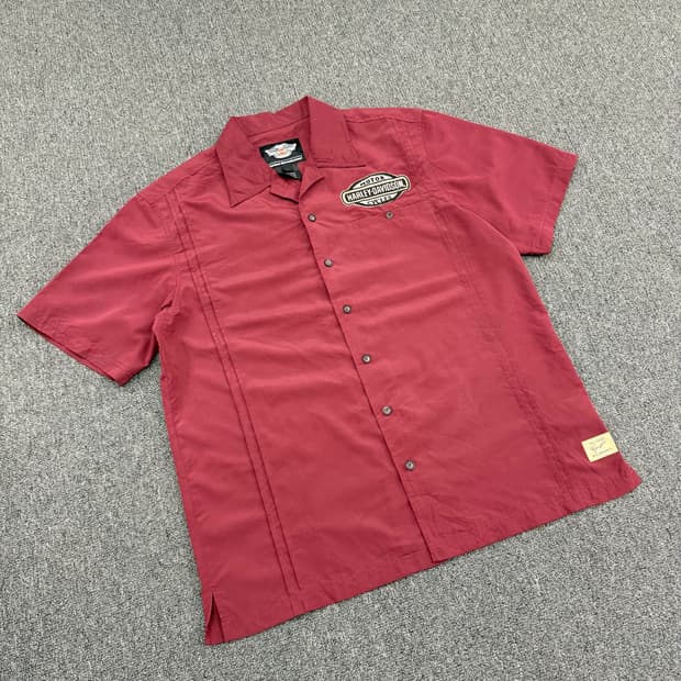 L)할리데이비슨 빈티지 자수 버건디 반팔 셔츠