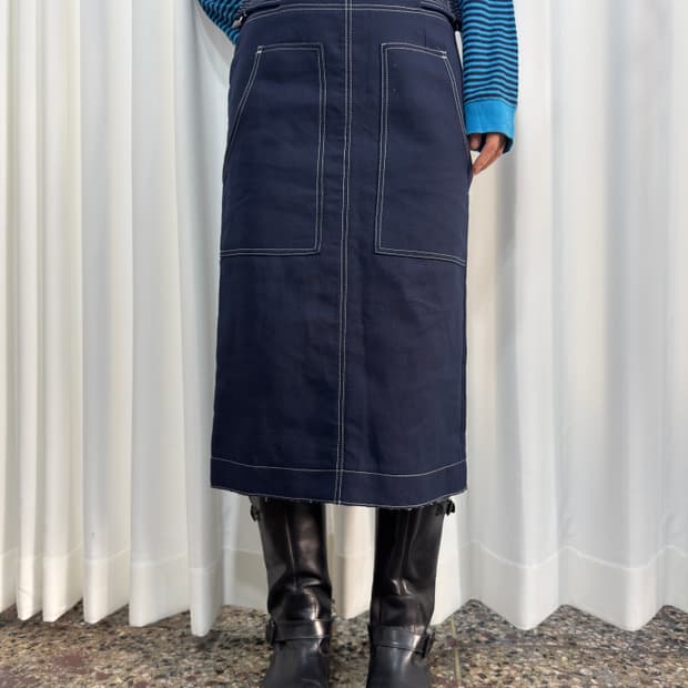 dressterior navy stitch belt midi skirt