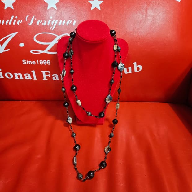 천연 흑 못난이 진주 롱 레이어드 네크리스 + 브로치 