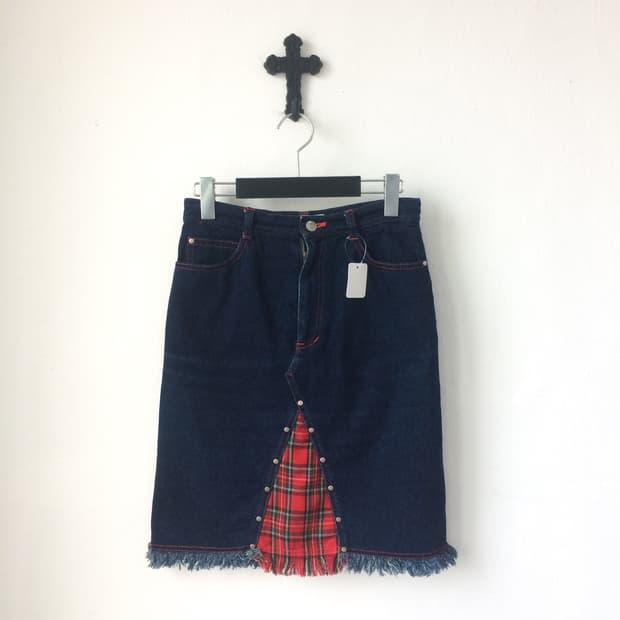 Patch point fringe denim midi skirt