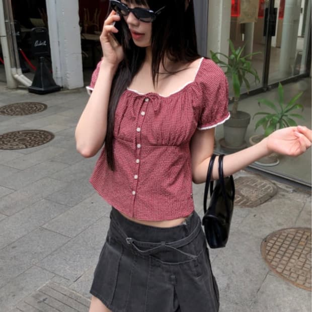 후아유 레드 체크무늬 블라우스