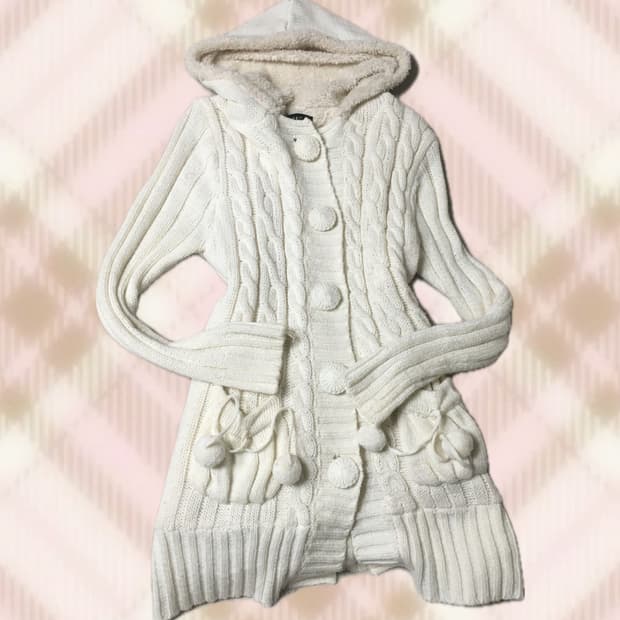 아이보리 폼폼이 후드 니트 가디건 원피스 라떼 히메 갸루 달천 러블리