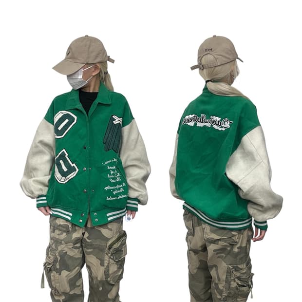 빈티지 그린 자수 올드스쿨 바시티 가죽 점퍼 오버핏 잠바 L