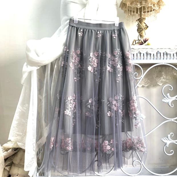 pink floral embroidery tulle skirt