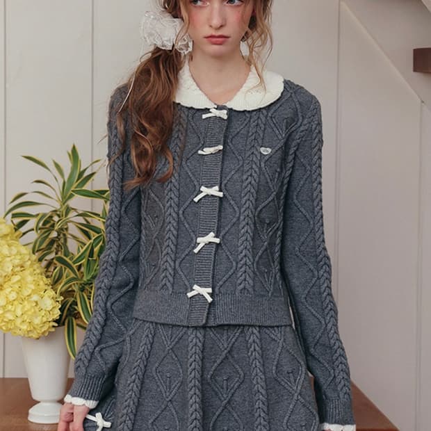 [새상품] 쎄무아듀 보우 케이블 니트 셋업