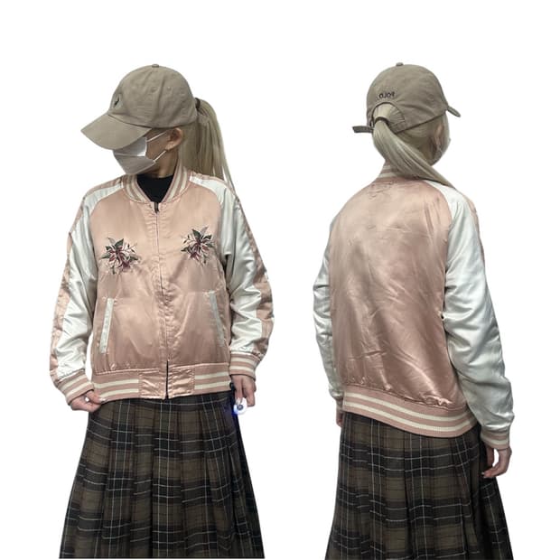 일본 빈티지 핑크 리버시블 꽃 자수 스카잔 자켓