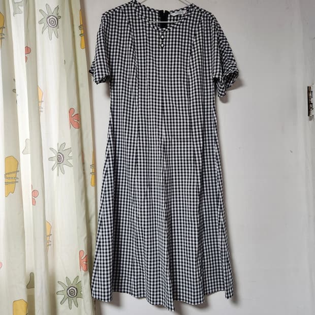 크로커다이얼 체크 A라인 반팔 롱 원피스90~95