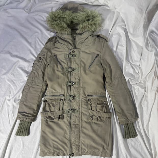 Sly 퍼 트리밍 밀리터리 벨티드 롱 파카 y2k vkei lgb goa