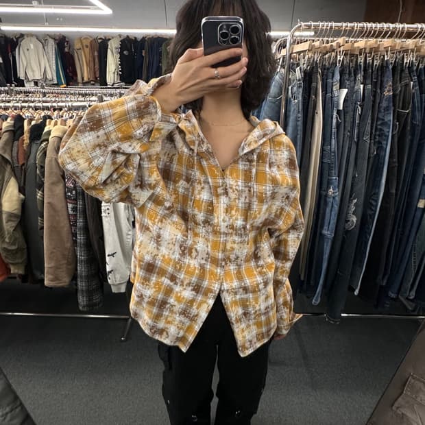 OS)빈티지 그런지 오버핏 후드 체크 셔츠