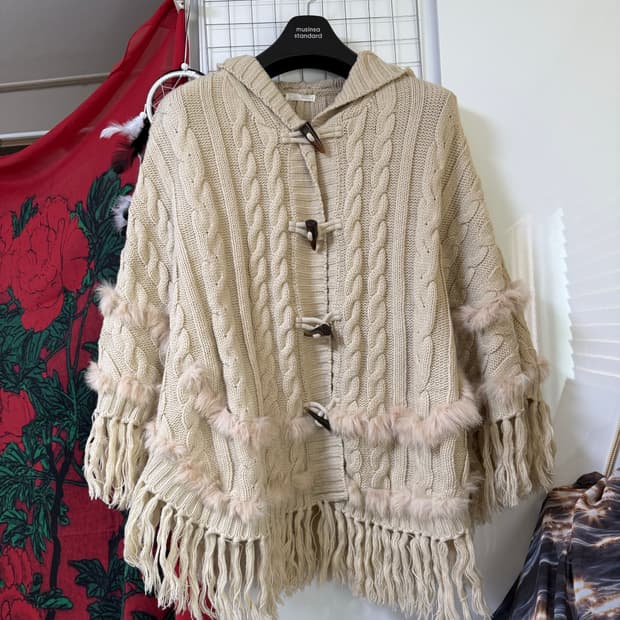 빈티지 후드 태슬 퍼 케이프