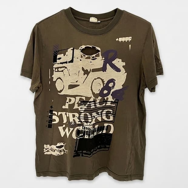 빈티지 피스 스트롱 월드 로고 데미지 티셔츠