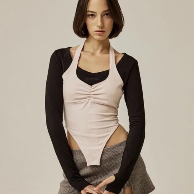 쓰리타임즈 halter layered top black S 