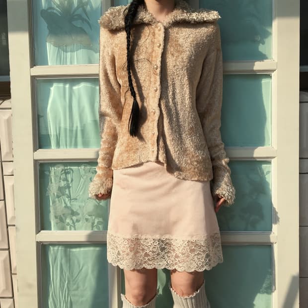 Fluffy collar point knit cardigan