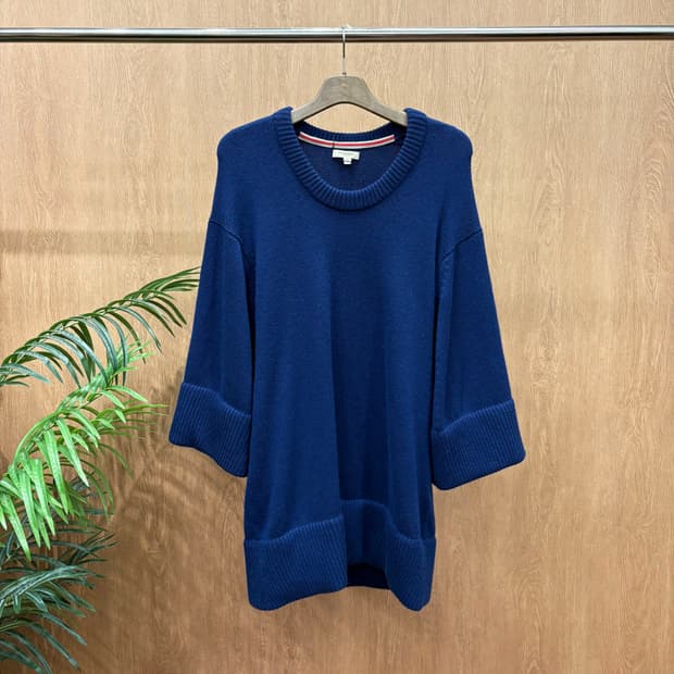 버버리 런던 라운드넥 울 캐시미어 혼방 롱 니트 숄더 버튼 디테일 네이비