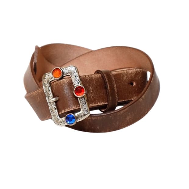 캐피탈 오일드 레더 스터드 디스코 버클 벨트 브라운