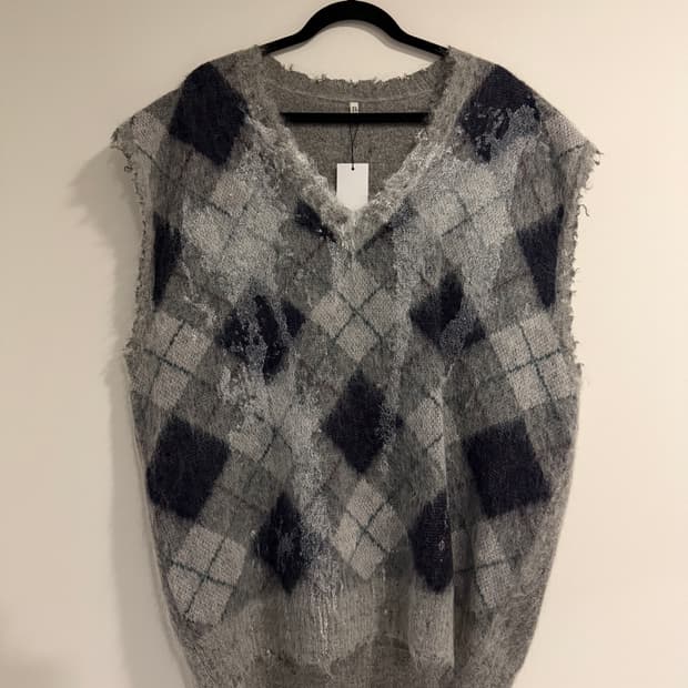 R13 아가일 니트 베스트 그레이