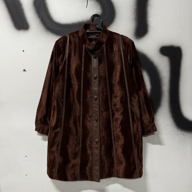 VTG 빈티지 가죽 배색 다크 브라운 벨벳 롱 코트