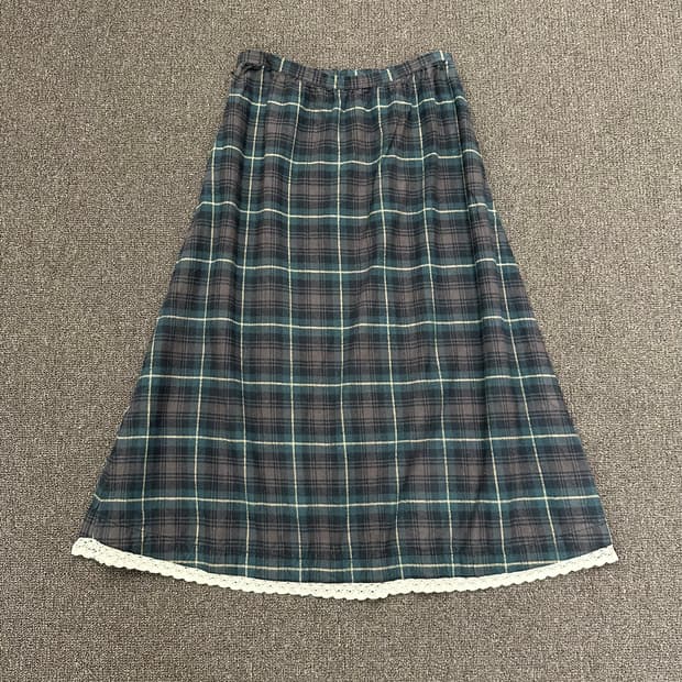 64)Japanese vintage 타탄체크 레이스 디테일 롱스커트