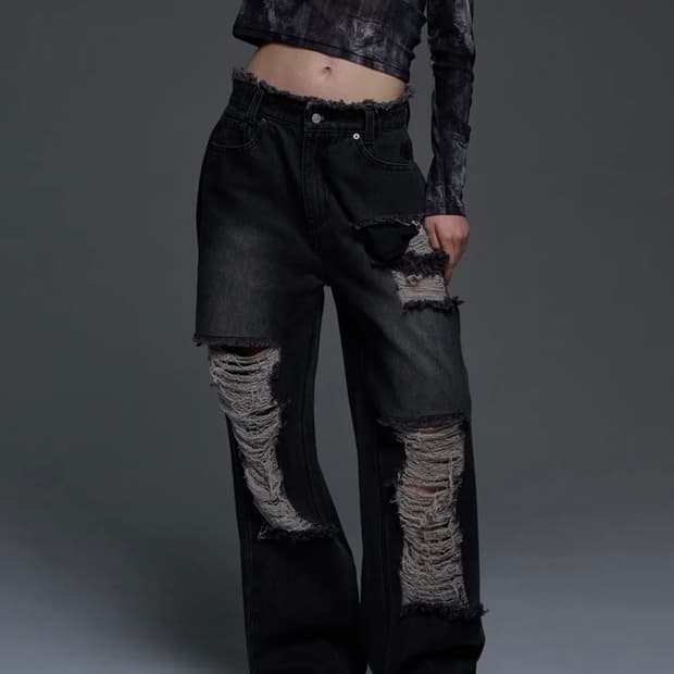 네스티팬시클럽 디스트로이드 와이드 데님 팬츠 블랙