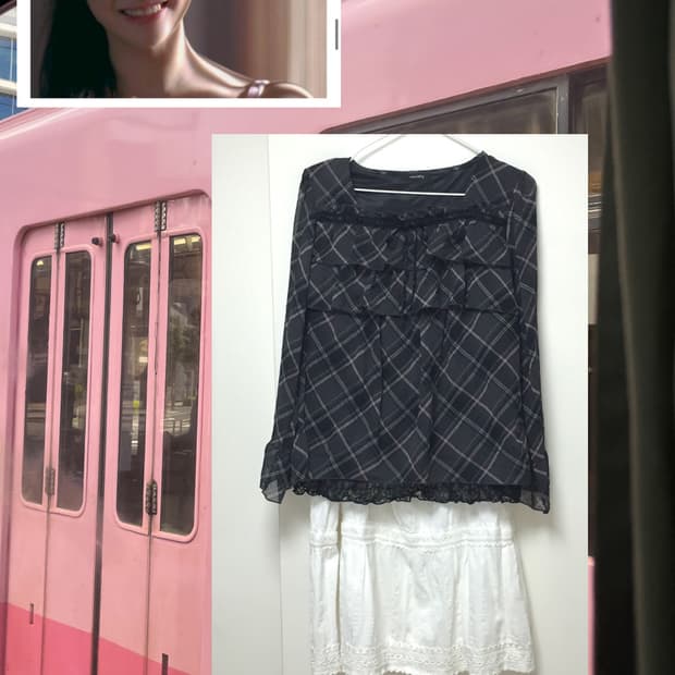일본 빈티지 로걀 리본 블라우스 체크 도쿄깔 천사핏