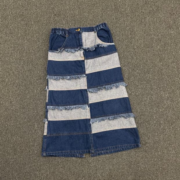 160)Japanese vintage 프린지 패치워크 데님 스커트