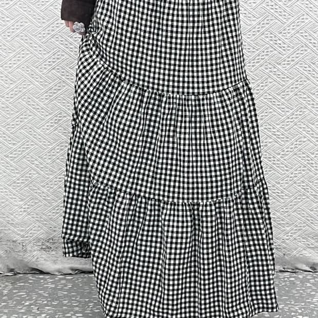 빈티지 스트릿 러블리힙 개더 플레어 체크 롱스커트 24인치 C07949
