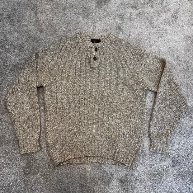 빈티지 오트밀 울 혼방 헨리넥 니트L