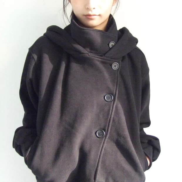 High Neck Hood Zip Up Black