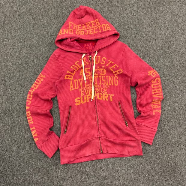 M)Real masters 빈티지 y2k 골지 프린팅 버건디 후드 집업