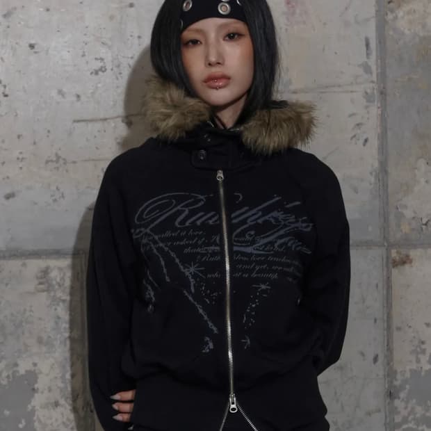 팬시클럽 루스리스 퍼 후드집업 (BLACK) F25ZA005