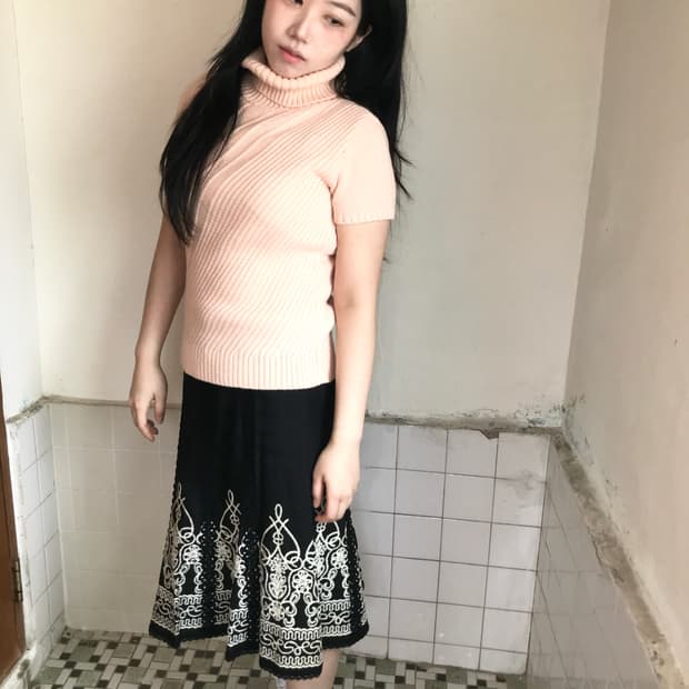 일본빈티지 니트 스트라이프 터틀넥 반팔 티