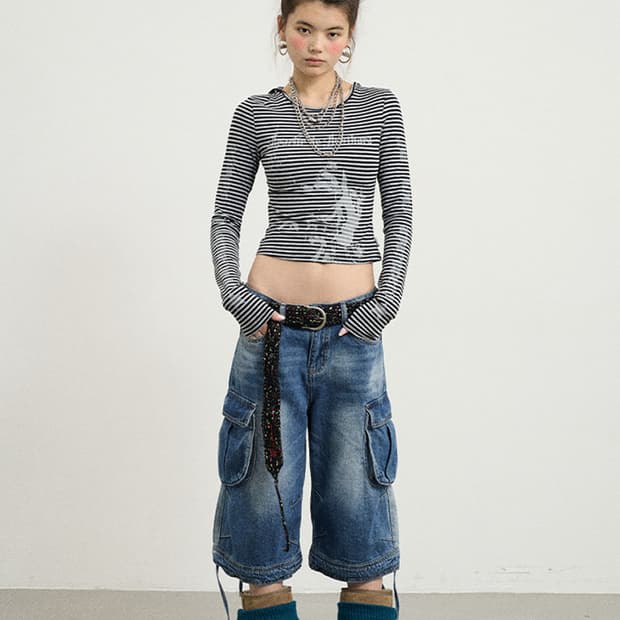 String Hem Washed Denim Shorts