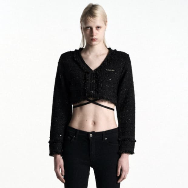 오도어(ODOR) 트위드 크롭 가디건 55-66 새상품