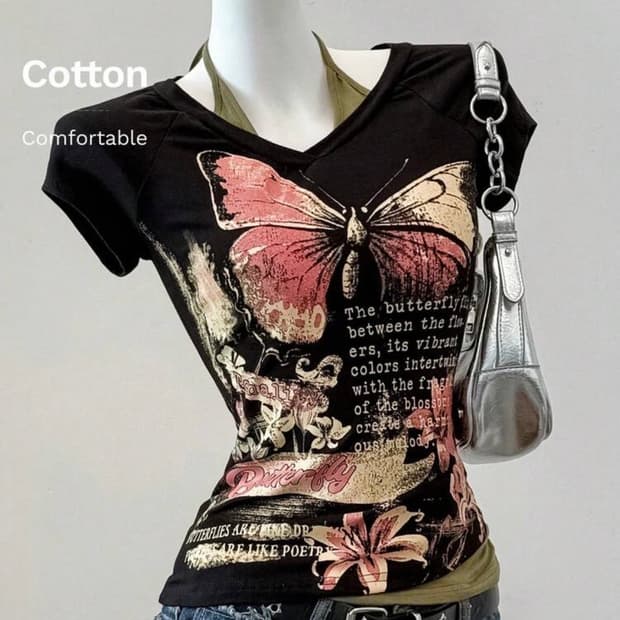 SHEIN EZwear 빈티지 나비 슬로건 프린트 홀터넥 반팔티셔츠