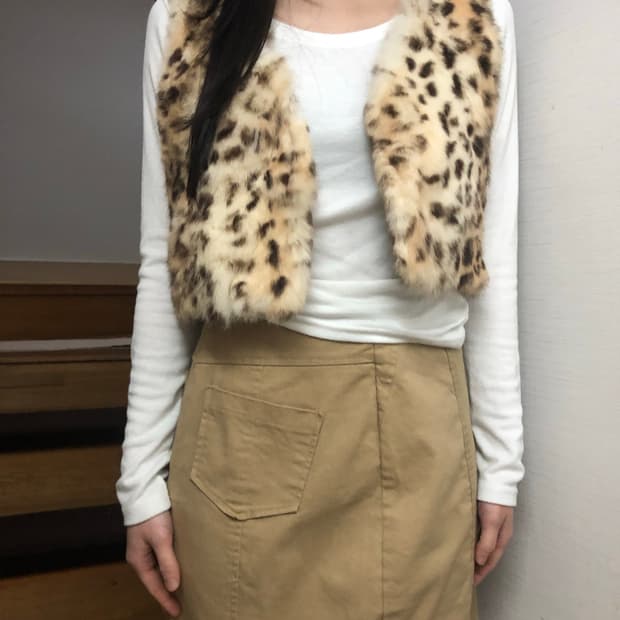 빈티지 베이지 레오파드 래빗 퍼 베스트