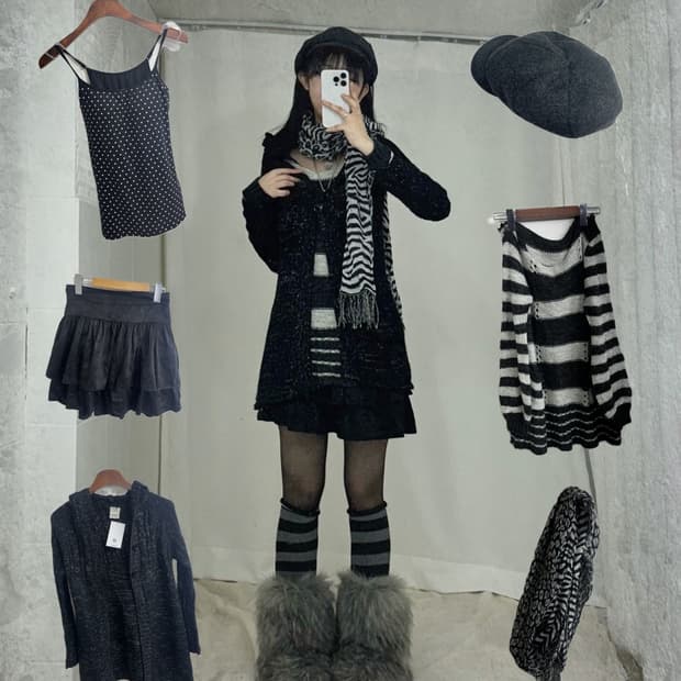 무채색 니혼진 갸루펑크 레오파드 코디세트 