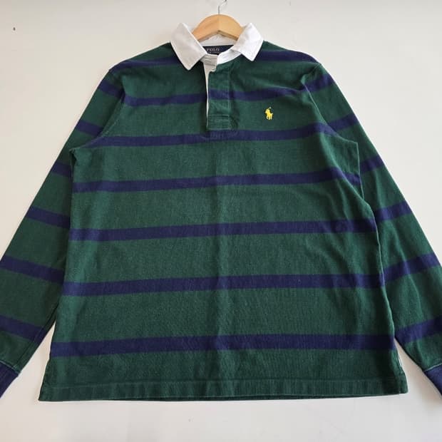 폴로 랄프로렌 스트라이프 코튼 럭비 카라 셔츠 그린/네이비