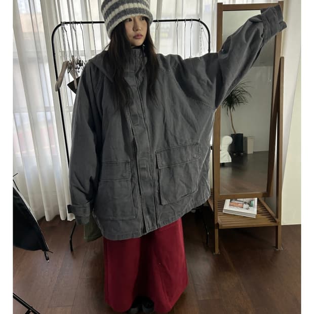 더기 시어링 오버핏 코튼 야상 가든페이지 후드 워싱 사파리 자켓