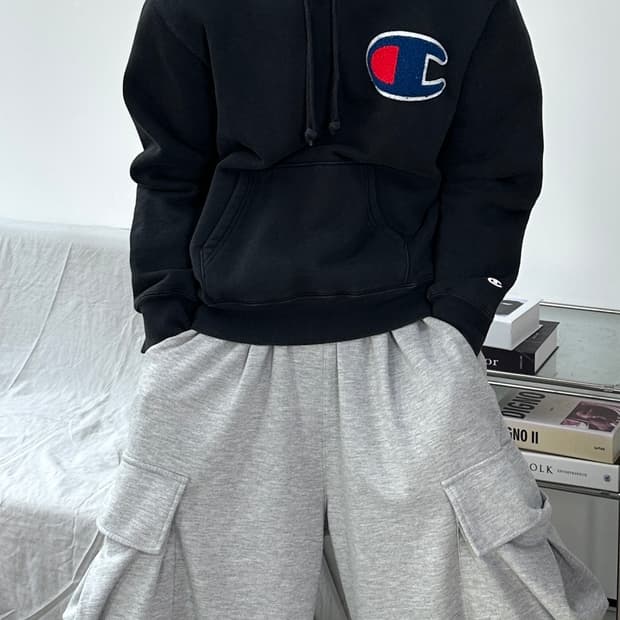 챔피온 블랙 빅C로고 후드티 L