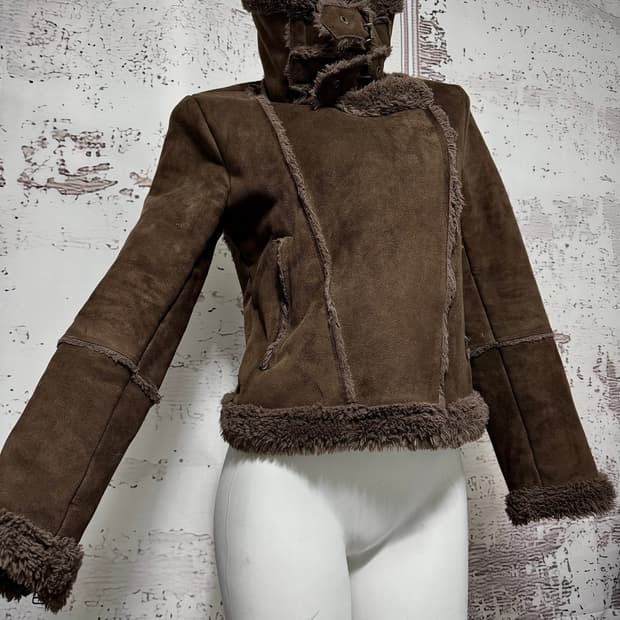 Brown buckle detail shearling jacket