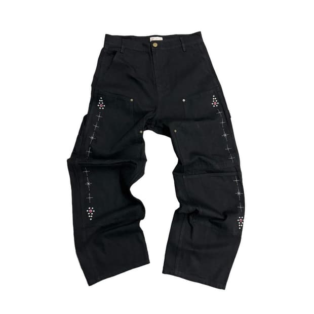 아오이로 페이크 스터드 커타드 더블니 팬츠