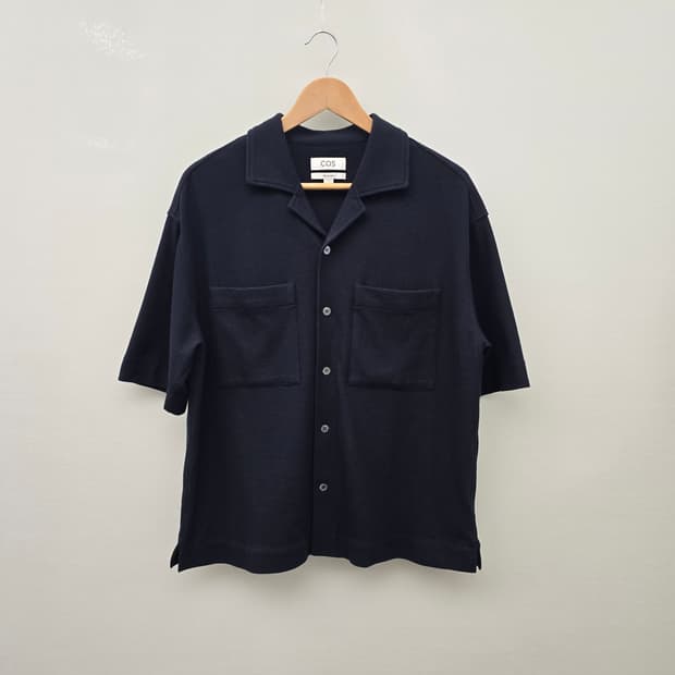 COS 코스 릴렉스드 핏 와플 니트 오픈 칼라 셔츠 - 네이비