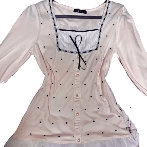 로걀 핑크 도트 프릴 롱슬립 블라우스