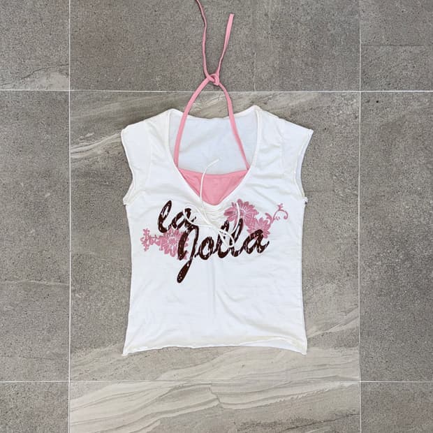 Pink brown lettering halter layer half t