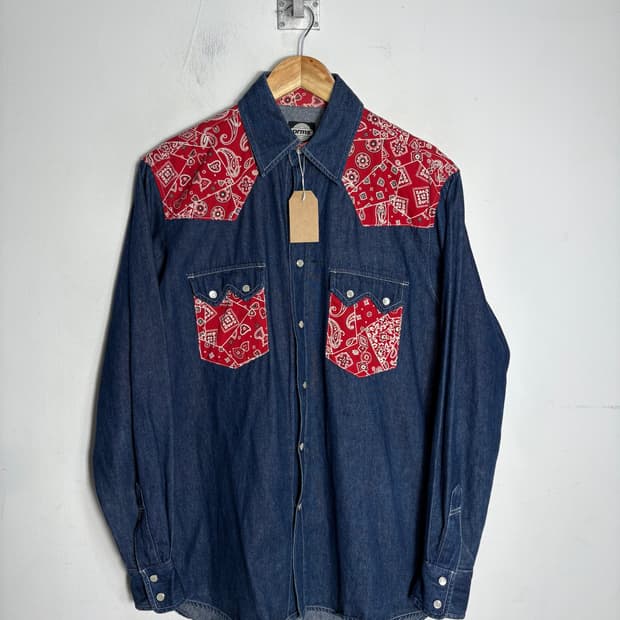 Prms 페이즐리 패턴 웨스턴 진청 데님 셔츠