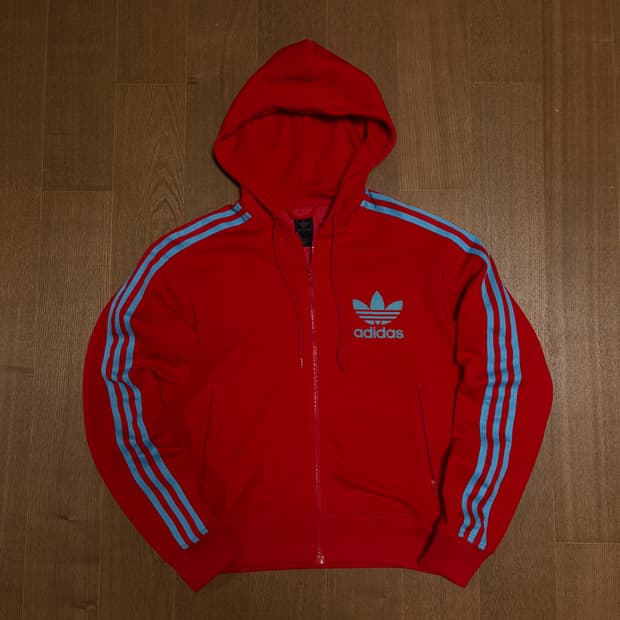 아디다스 빅파이어버드 레드 불꽃 세미크롭 후드집업 져지