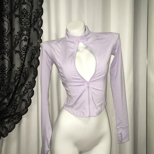 런블랙 심플 베리 반하이 크롭 집업 파스텔 퍼플 S