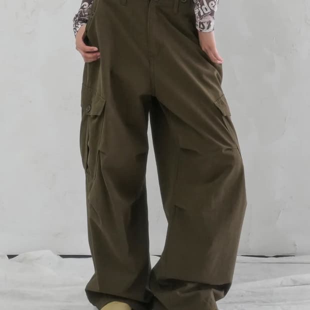 엔터 와이드 카고 코튼 팬츠 카키