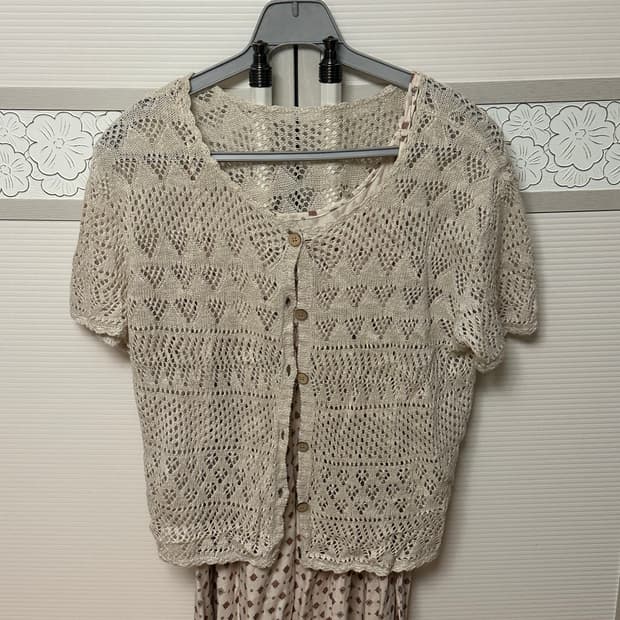 급처(착샷O) 빈티지 베이지 니트 반팔 가디건 모리걸st