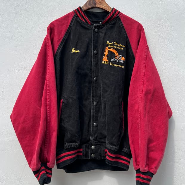 [L]USA 빈티지 G&E Equipment 블랙 레드 데님 바시티 자켓